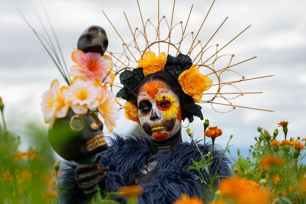 Foto donna con un trucco messicano per halloween su sfondo scuro giorno dei morti aka dia de los muertos