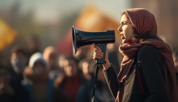 Photo a woman with a microphone is speaking to a crowd