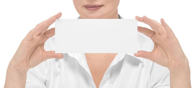 Woman with a mockup in her hand on a white background isolate