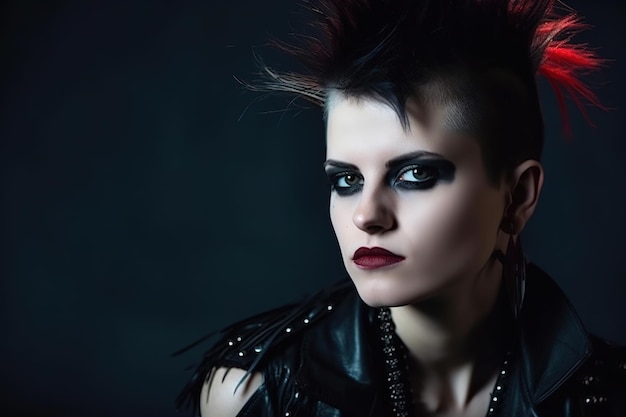 A woman with a mohawk and a black leather jacket