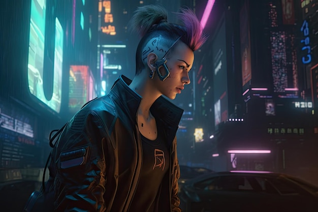 A woman with a mohawk and a cyberpunk style jacket stands in a dark city.