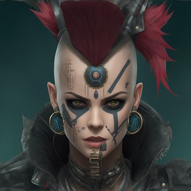 A woman with a mohawk and a face with a robot on it.