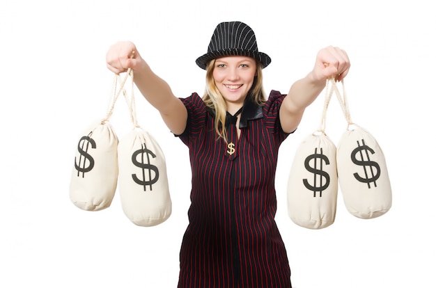 Woman with money sacks on white