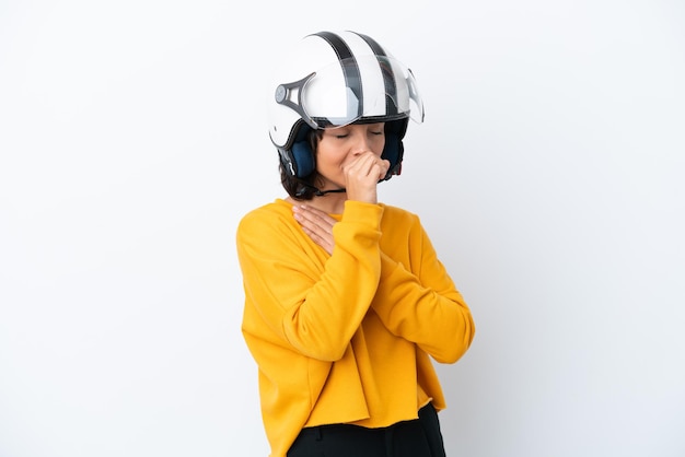 Woman with a motorcycle helmet is suffering with cough and feeling bad