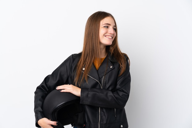 Photo woman with a motorcycle helmet laughing