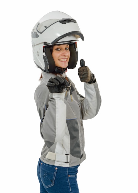 Woman with motorcycle white helmet with opened shield system