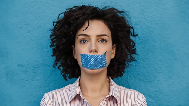 Photo woman with mouth sealed in adhesive tape