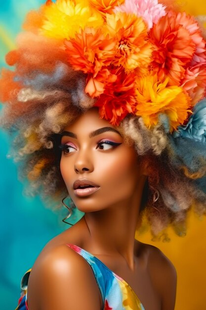 Foto donna con afro multicolore e fiore tra i capelli ia generativa