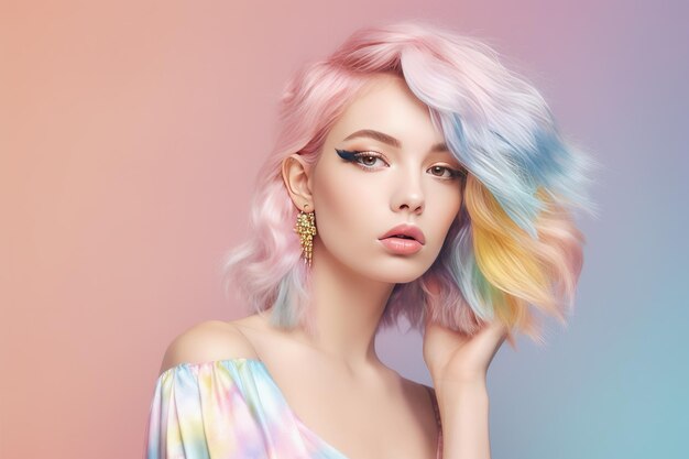 Woman with multicolored hair against pastel backgroundxa