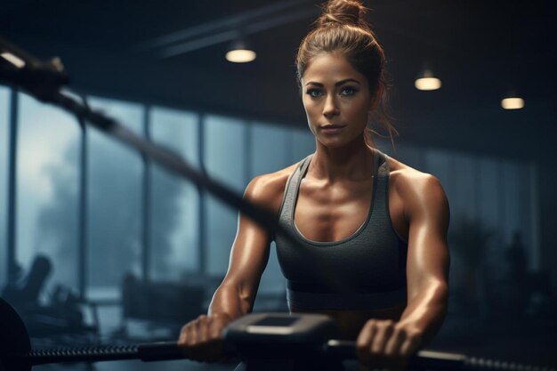 a woman with a muscular body is working out on a treadmill.