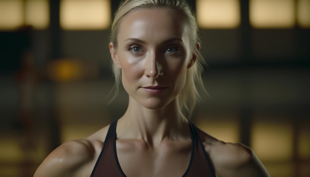 A woman with a muscular face is standing in a dark room.