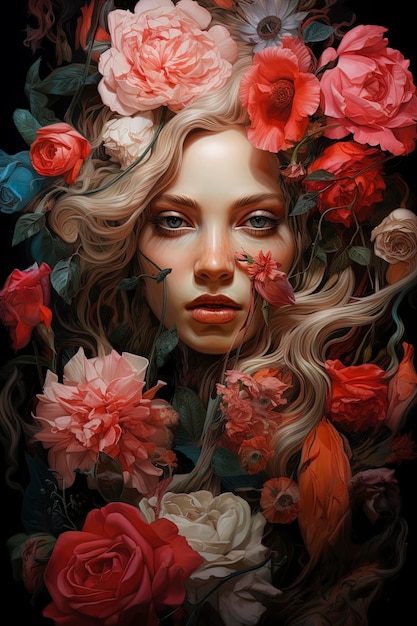 Женщина с загадочным лицом, окруженная цветами и розами, все реалистичные.