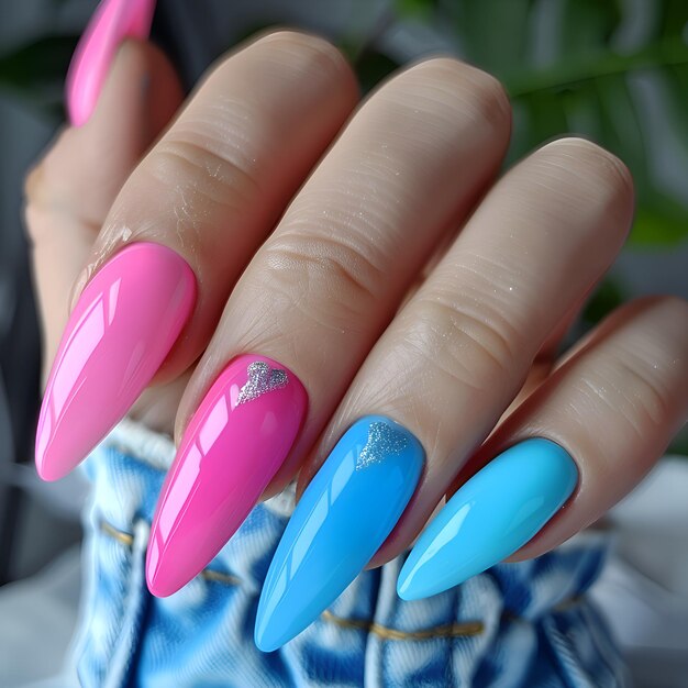 Photo a woman with nails painted with blue and pink