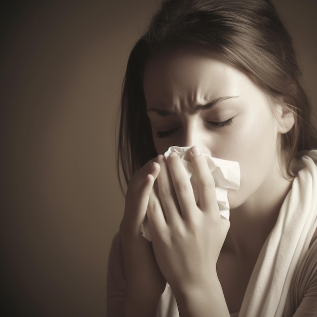 A woman with a napkin in her mouth is blowing her nose