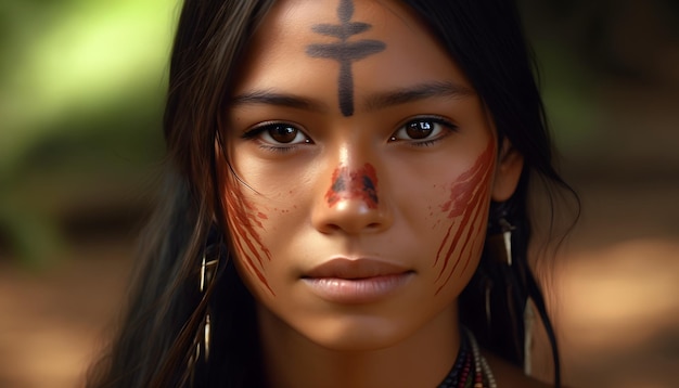 A woman with a native american face painted with a cross on her forehead