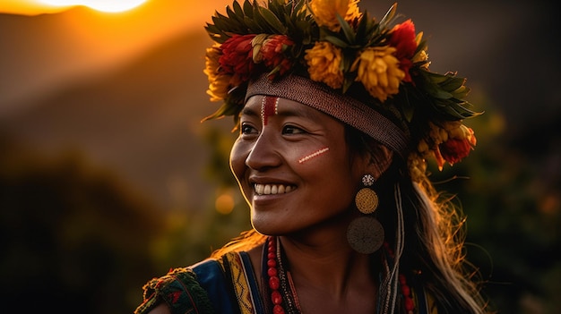 A woman with a native headdress smiles at the camera.