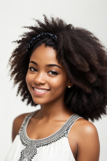 A woman with natural hair is smiling and wearing a tank top.