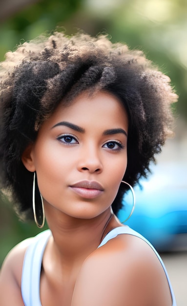 A woman with natural hair looks into the camera