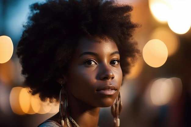 A woman with a natural hair style looks at the camera.