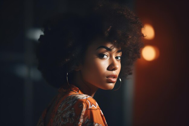 A woman with a natural hair style looks into the camera.