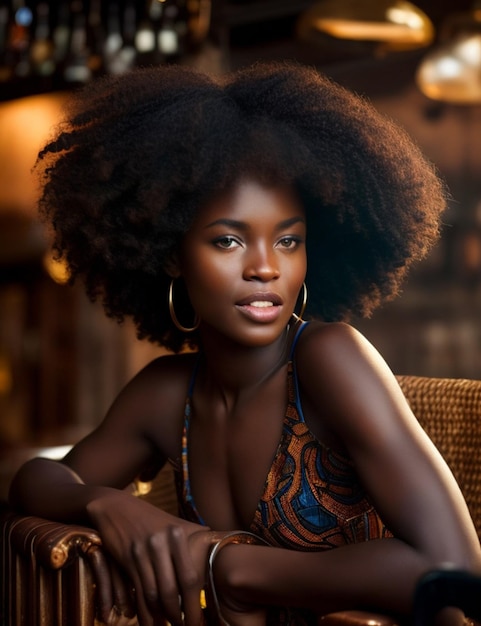 A woman with a natural hair style sits in a chair.