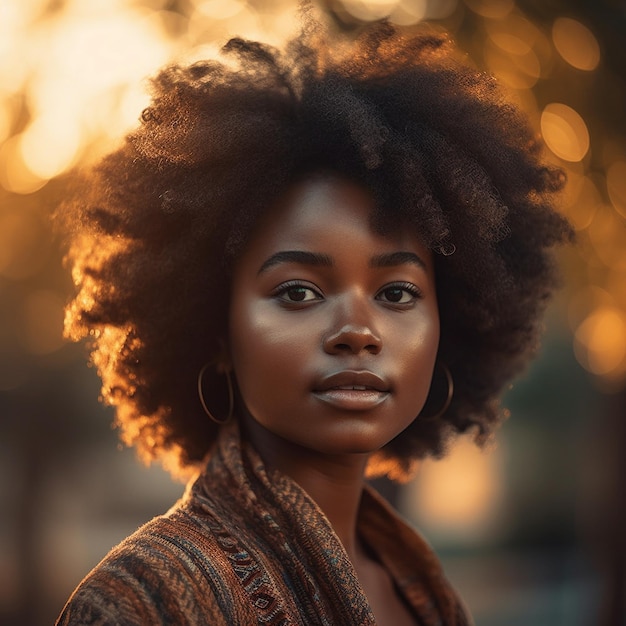 A woman with a natural hair style stands in front of a sunset.