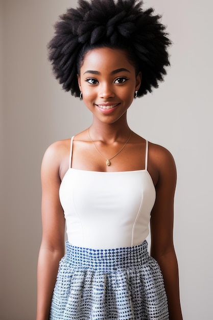 A woman with natural hair in a white top and a blue skirt