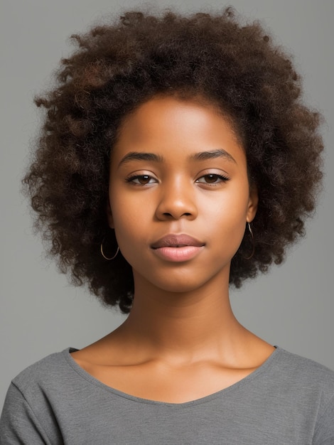 A woman with a natural haircut and a grey shirt