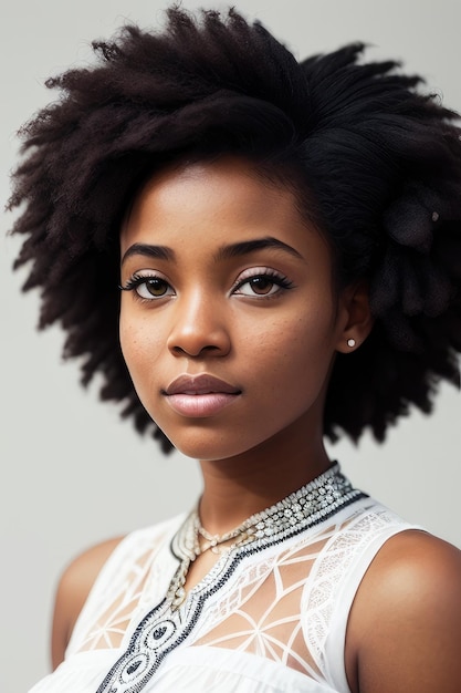 A woman with a natural haircut and a necklace