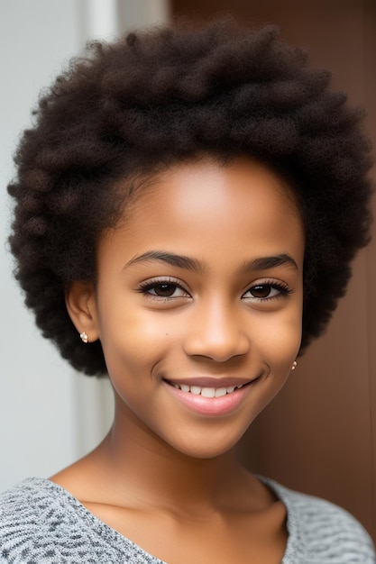 A woman with a natural haircut smiles at the camera.