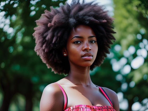 Photo a woman with a natural haircut stands in a park.