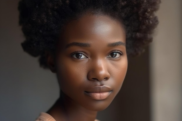 A woman with a natural skin tone looks into the camera.