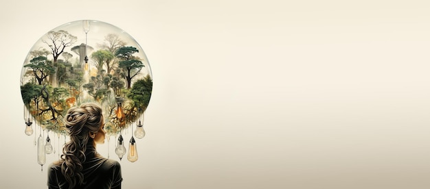 Woman with nature and light bulb mind explosion of ideas brainstorming for solutions smart brain