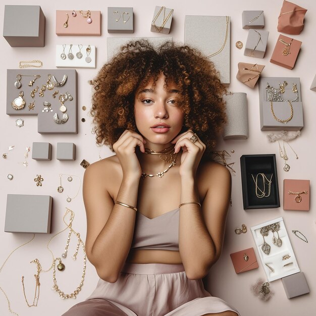 A woman with a necklace and a box of jewelry on it