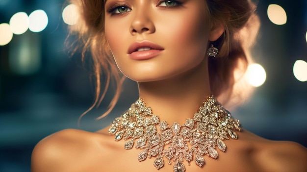 A woman with a necklace made of diamonds