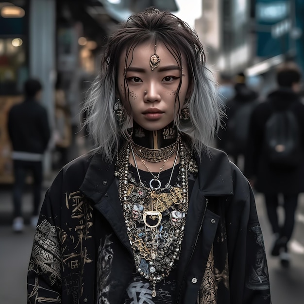 A woman with a necklace and the word shibuya on her chest