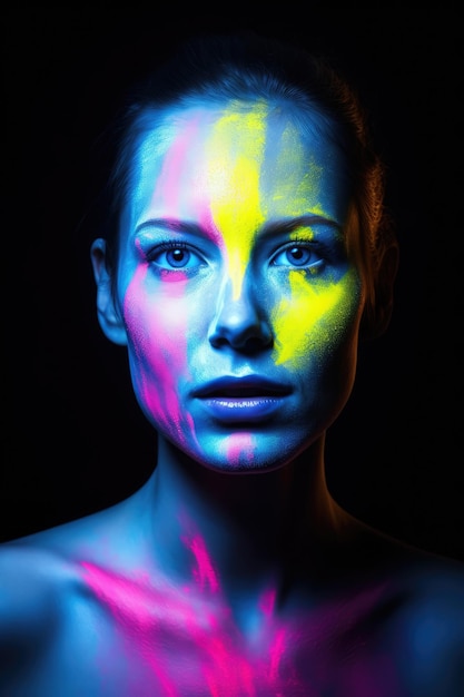Premium AI Image A Woman With Neon Face Paint On Her Face premium-ai-image-a-woman-with-neon-face-paint-on-her-face