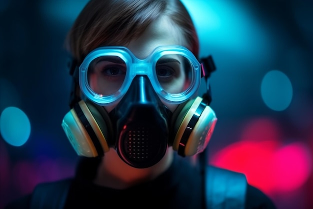 Женщина в неоновых футуристических очках и системе дыхательной маски генеративный ай