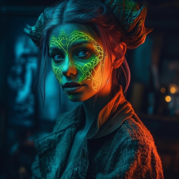 A woman with neon glow on her face