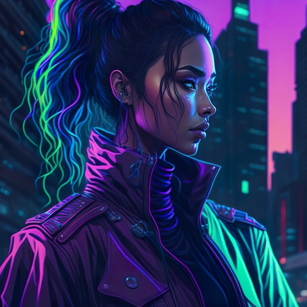 Photo woman with neon jacket in the night city