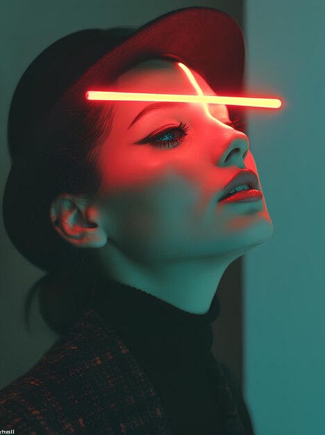 A woman with a neon light on her head is wearing a black cap