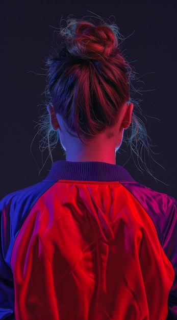 Woman with Neon Lights Highlighting Her Hair and Jacket