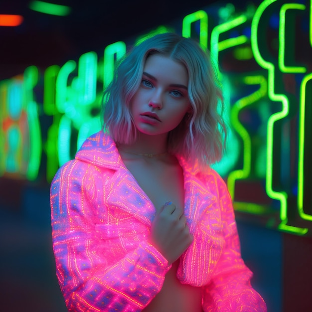 A woman with neon make up and neon hair dressed in a metallic jacket