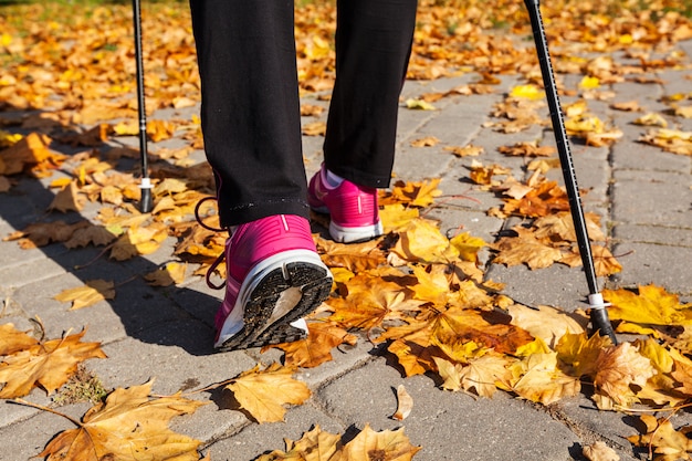 woman with nordic walking poles on park