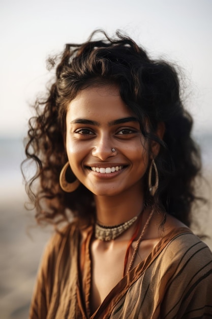 A woman with a nose ring and a smile on her face.