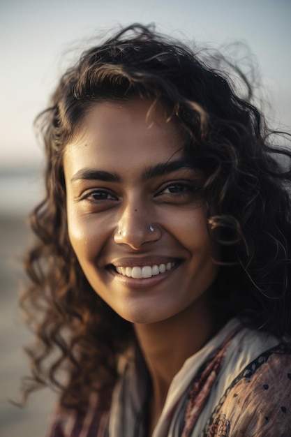 A woman with a nose ring smiles at the camera.