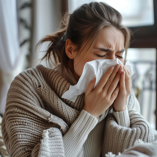 a woman with a nose that has a tissue in her hand Sick day at home