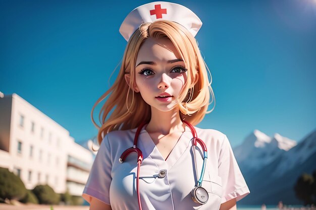 A woman with a nurse's uniform and a red cross on her chest stands in front of a mountain