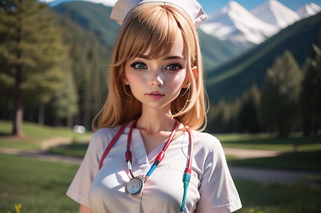 A woman with a nurse uniform stands in front of a mountain.