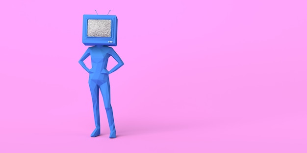 頭の3Dイラストの代わりに古いテレビを持つ女性コピースペース